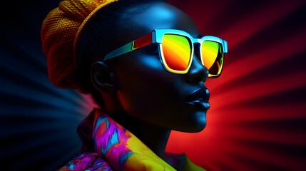 African woman with rainbow colors make up, wearing fashionable colorful sunglasses, in style of afrofuturism