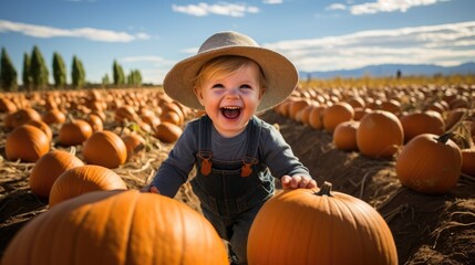 beautiful little boy in pumpkin patch field at sunny autumn day. happy cute child laughing. baby pla