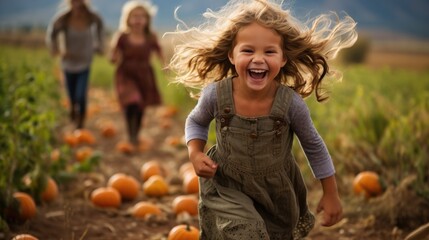 group of girls and boys running in pumpkin patch field at sunny autumn day. happy friends children f