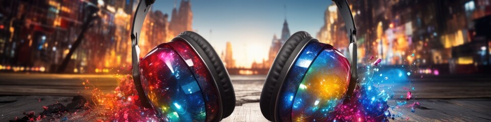 Wall Mural - Headphones with colorful lights on them in front of a city, AI