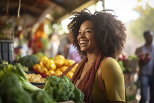 Happy Woman  Grocery Shopping In Outdoor Market For Her Home Cooking For Family And Friends