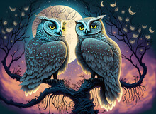 Two White-faced Owls At Night In The Moonlight, Illustration