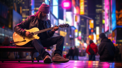 Wall Mural - Man, playing guitar, Times Square, music, performance, city, entertainment, instrument, crowd, urban