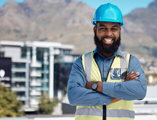 Canvas Print - Man, engineering portrait and arms crossed for city construction, project management or outdoor building design. Happy face of african worker in architecture, urban development or property leadership