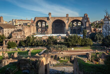 Roman Forum With Basilica Of Maxentius Or Of Constantine In Rome, Italy