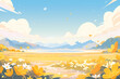 Beautiful landscape with meadow and mountains in the background  illustration.