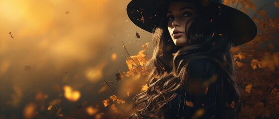 Wall Mural - Magic gothic enchanted beautiful witch woman evil fairy girl magician wearing dress and hat in Happy Halloween spooky scary fantasy fall scene with creepy horror night light background. Portrait.