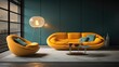 © Татьяна Креминская - A curved modern sofa and chair gives two people the opportunity to sit separately but still feel like they are next to each other. The shape of a curved sofa is softer and less formal