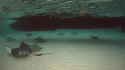 Wall Mural - Stingray City. Southern Stingrays swim in the warm shallow water towards camera from the underside of a boat