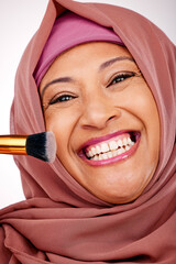 Poster - Cosmetic brush, portrait and muslim woman in studio for makeup, natural and face routine. Smile, self care and happy mature islamic female model with cosmetology tool for facial glamour treatment.