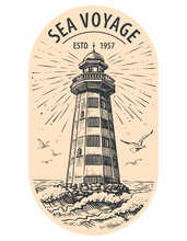 Old Tower Lighthouse Shines On An Island Washed By Sea Waves. Beacon Vintage Sketch Vector Illustration Engraving Style