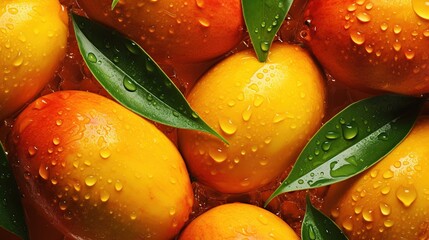 Wall Mural - Generative AI, closeup fresh mango fruit background. Tropical exotic closeup photo with water drops.	