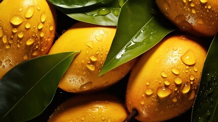 Wall Mural - Generative AI, closeup fresh mango fruit background. Tropical exotic closeup photo with water drops.	