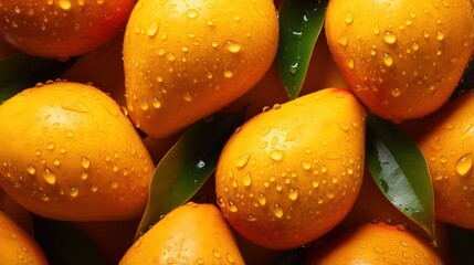 Wall Mural - Generative AI, closeup fresh mango fruit background. Tropical exotic closeup photo with water drops.	