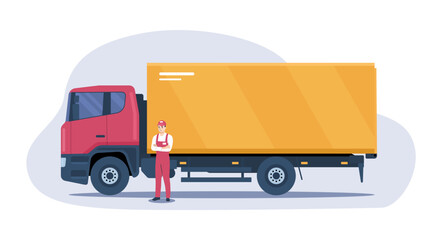 Wall Mural - Box truck with delivery man standing next to it. Vector illustration.