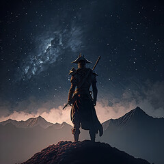 Samurai warrior standing on a mountain at night time and up the sky is a beautiful galaxy. Generative AI	