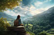 © arhendrix - Woman enjoying beauty of nature looking at mountain forest. Adventure travel background