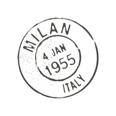 Wall Mural - Milan postage and postal stamp. Italian city letter envelope ink stamp, mail delivery departure European country or region aged vector imprint or postcard Italy Milan town seal