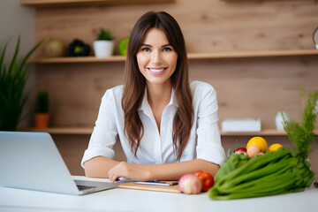 Beautiful smart nutritionist woman working with computer while looking at camera in the nutritionist consultation