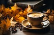 Autumn cozy background, cup of coffee with autumn leaves. Coffee beans and books