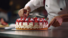 Close-up on the hands of the pastry chef decorating a cake before serving.