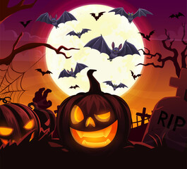 Wall Mural - Halloween pumpkin and cloud of flying bats on midnight cemetery. Vector graveyard with jack-o-lanterns beneath a moonlit sky. Swirling flock of bats takes flight, casting shadows in the eerie dusk air