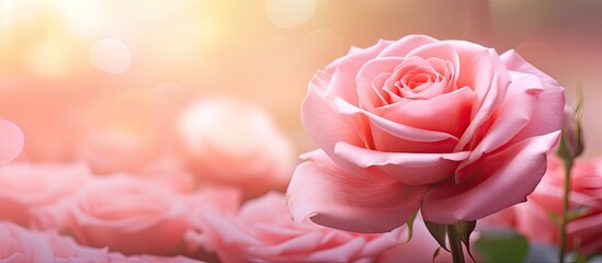 Sticker - Pink rose with shallow depth of field and focus on the center isolated pastel background Copy space