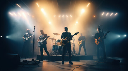 Music band group perform on a concert stage. Guitarist on stage for background, soft and blur concept. Music band performing in a recording studio.