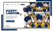 happy Labour Day landing page with workers vector character