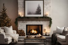 Modern Farmhouse Living Room With White Stone, Brick Fireplace,  Winter Holiday, Greenery, White Minimal Modern, Cozy Vibe, Frame Mock Up.  