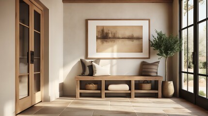 Wall Mural - Farm House Style Entry Way Bench Seat. Wood frame photo, artwork, mock-up, cozy couch, warm colors, Soft Shadows