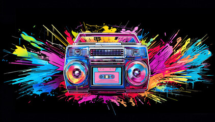 Wall Mural - Retro old design ghetto blaster boombox radio cassette tape recorder from 1980s in a grungy graffiti covered room.music blaster	
