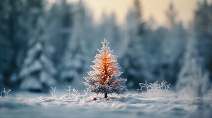 Christmas tree with lights in winter forest with snow at frosty Christmas night. Beautiful winter holiday landscape.