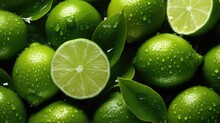 Close-up Of Fresh Limes Covered In Water. Top View Of Healthy Vegetables, Food Background