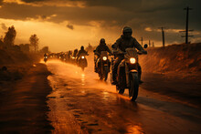 Group Of Motorcycle Riders Riding Together At Sunset Made With AI