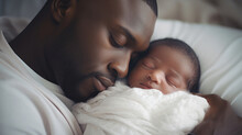 Father Holding A Newborn Baby In His Arms. Young Man Cuddling His Sleeping Baby
