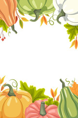 Wall Mural - Autumn vertical card for a good harvest with ripe colorful pumpkins and leaves with berries. Design for invitations and cards. Vector illustration.
