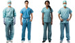 © Mrs__DoubleF - a group of multiethnic surgeon doctors dressed in blue operating room gowns standing in a pose, isolated on a transparent background