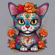  gato con mascara calavera con patrones de colores y rosas para el dia de los muertos. ilustración