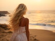 © duyina1990 - Outdoor fashion portrait of beautiful sensual lady wearing stylish maxi chiffon dress posing at sunset in the beach, have long blonde hairs bright make up and accessorizes