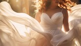 Fototapeta Mapy - Bride in a wedding dress against the sun. Flying white dress and red hair.