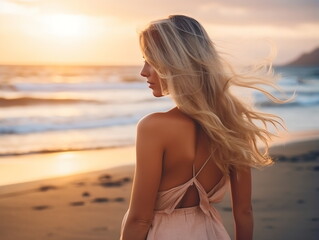 Wall Mural - Outdoor fashion portrait of beautiful sensual lady wearing stylish maxi chiffon dress posing at sunset in the beach, have long blonde hairs bright make up and accessorizes