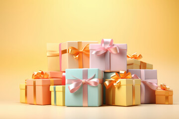 Wall Mural - gift boxes with ribbon - joyful gifts galore: multicolored boxes beautifully arranged on a lively ye