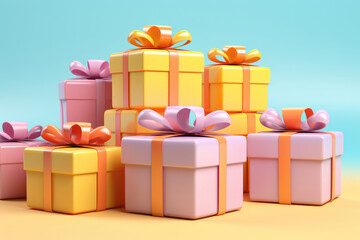 Wall Mural - joyful gifts galore: multicolored boxes beautifully arranged on a lively yellow background, represen