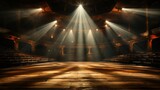 Fototapeta Sport - Spotlights on empty old wooden stage