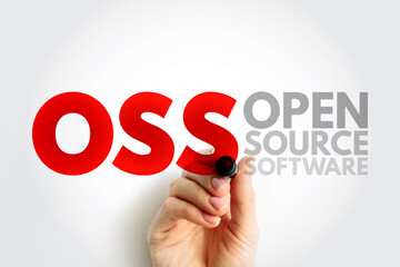 Wall Mural - OSS - Open source software is software that is distributed with its source code, making it available for use, modification, and distribution with its original rights, acronym text concept