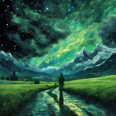 Wall Mural - man walks among the green field under green clouds in the sky with attractive light and details 