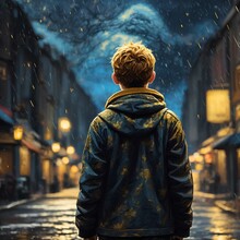 Beautiful Little Boy Wears A Jaket In The City At Night With Attractive Light And Details 