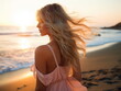 © duyina1990 - Outdoor fashion portrait of beautiful sensual lady wearing stylish maxi chiffon dress posing at sunset in the beach, have long blonde hairs bright make up and accessorizes