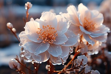 Winter scenery with frosty ice flowers, snow, and crystals